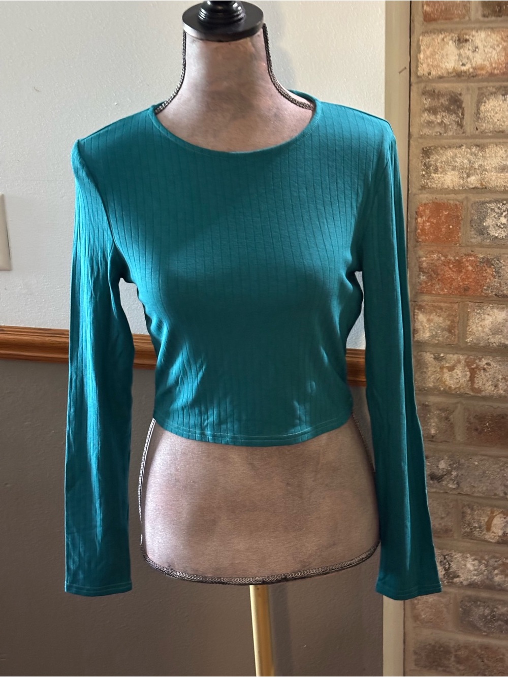 Long-Sleeve Teal Ribbed Crop Top
